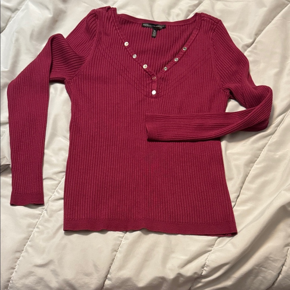 White House Black Market Ribbed Henley Top - Berry Pink